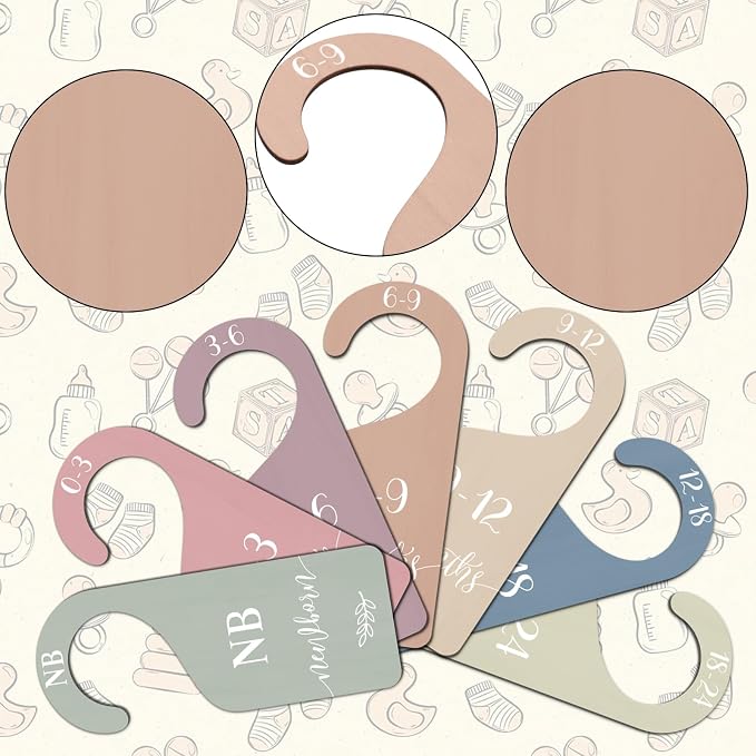 Whaline 7 Pcs Boho Wooden Baby Closet Size Dividers with Pink Velvet Bag Newborn to 24 Month Thicken Infant Wardrobe Hanger Organizers for Home Nursery Party Gift Supplies