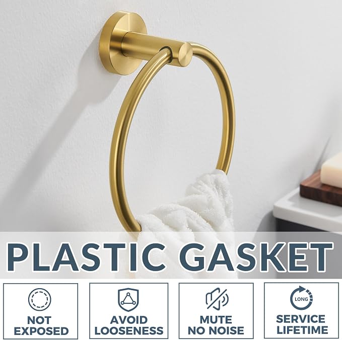 APLusee Brushed Gold Hand Towel Ring, 304 Stainless Steel Flexible Round Towel Holder for Bathroom Kitchen, Wall Mounted