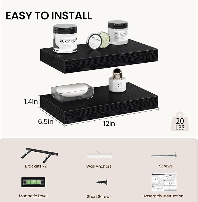 Vivelove 12 Inch Floating Shelves Wall Mounted for Display, 6.5 Deep Duty Shelves with Invisible Brackets for Living Room,Bedroom,Kitchen, Bathroom Storage & Decor,12" Wx6.5 Dx1.4 H - Black