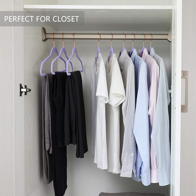 MIZGI Premium Velvet Hangers (50 Pack) - Heavy Duty Non Slip Felt Suit Hangers - Light Purple Rose Gold Hooks, Space Saving