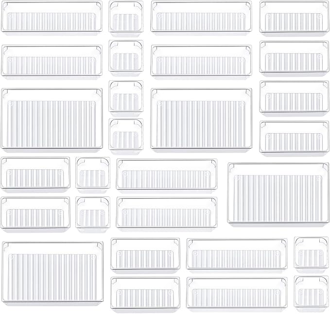 Kootek 28 Pcs Drawer Organizer Set, 4-Size Bathroom Vanity Trays Makeup Desk Dividers Versatile Storage Bins Clear Plastic Container for Dresser, Bedroom, Kitchen, Office