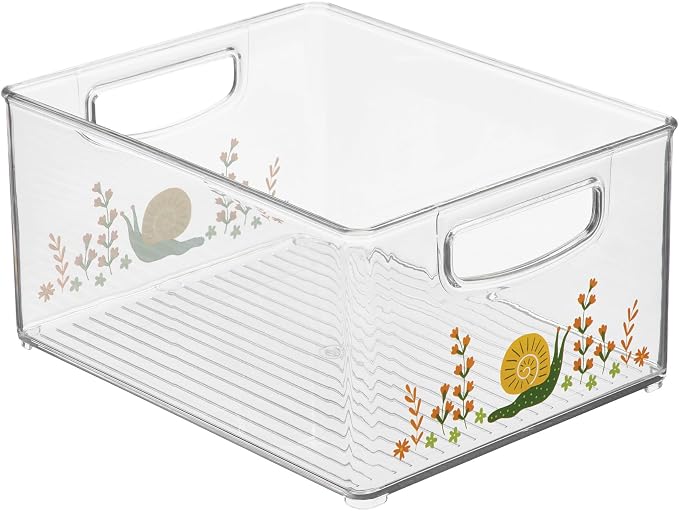 iDesign Bathroom Organizer Bin with Decorative Print - Stackable Plastic Storage Basket for Makeup & Vanity Organization - Clear