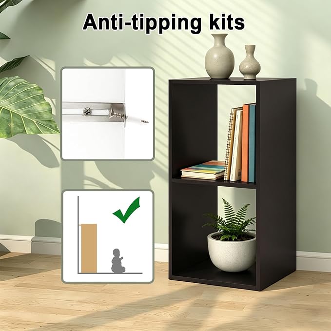 CTESNE【2026 2 Cube Shelf with Anti-Tipping Kits + Reversible Open Back Bookcase, Multi Layer and Multi Grid partition Layout (Chocolate 11in)