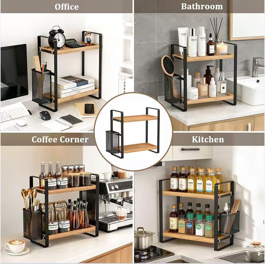LEMIKKLE 2-Tier Coffee Bar Organizer With Basket,Wooden Counter Shelf for Coffee Bar Accessories,Kitchen Spice Rack Orga