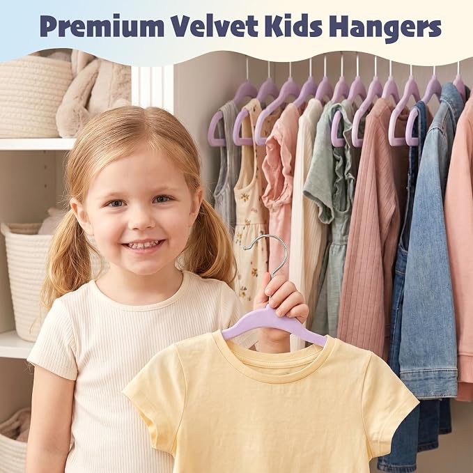 HOUSE DAY 11 Inch Velvet Baby Hangers 50 Pack Lt-Purple, Premium Kids Hangers for Children, Infant & Toddler Clothes, Durable Non Slip Small Baby Felt Hanger for Closet, Ideal for Everyday Use
