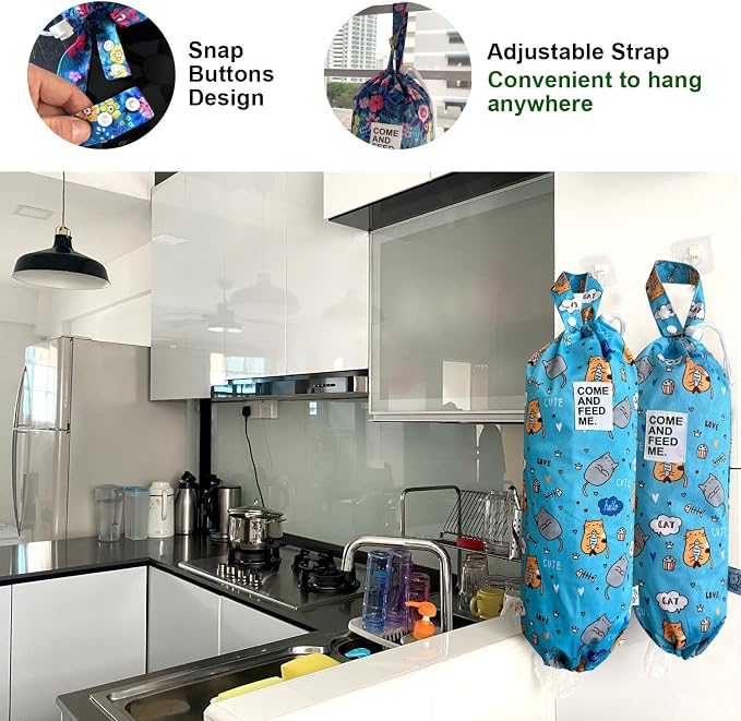 Waterproof Plastic Bag Holder Grocery Shopping Carrier Storage Kitchen Travel Camp Carrier Dispenser 2 Pack (Cute Cats)