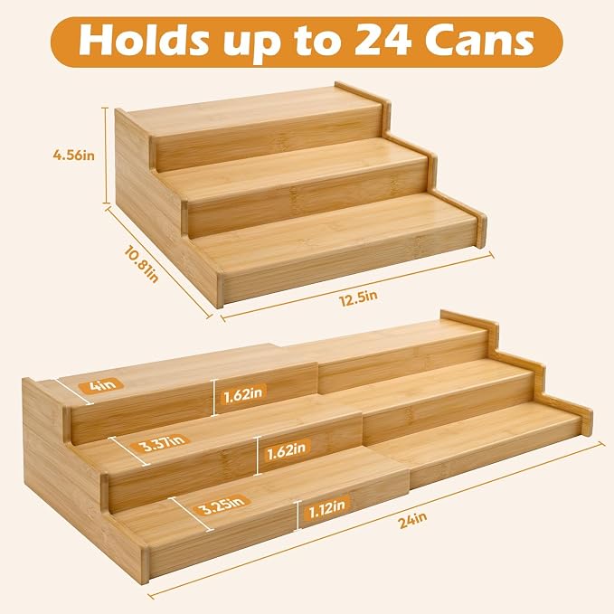 Artcochan 3 Tier Expandable Bamboo Can Rack Organizer for Pantry，Adjustable Pantry Organizers Holds Up to 24 Soda Cans,Canned Food Storage for Kitchen Cabinet Countertop
