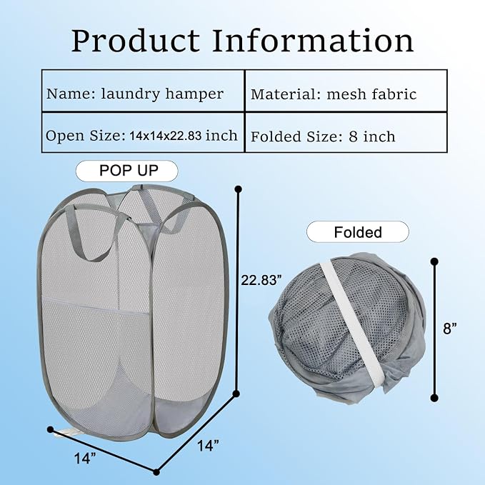 2 Pack Pop Up Laundry Hamper, Collapsible Laundry Baskets, Foldable Mesh Laundry Baskets Storage Bins Large Top Opening for Bedroom, College Dorm, Travel (Grey)