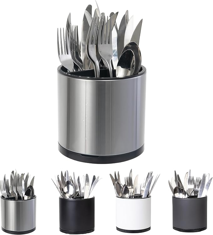 LIBODOUR Kitchen Utensil Holder Small 360°Rotating For Counter Organizer Stainless Steel Storage Silverware Caddy 3 Compartment Flatware Spoon Spatula Tool Cutlery Container