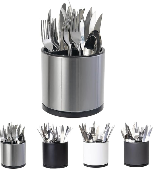 LIBODOUR Kitchen Utensil Holder Small 360°Rotating For Counter Organizer Stainless Steel Storage Silverware Caddy 3 Compartment Flatware Spoon Spatula Tool Cutlery Container