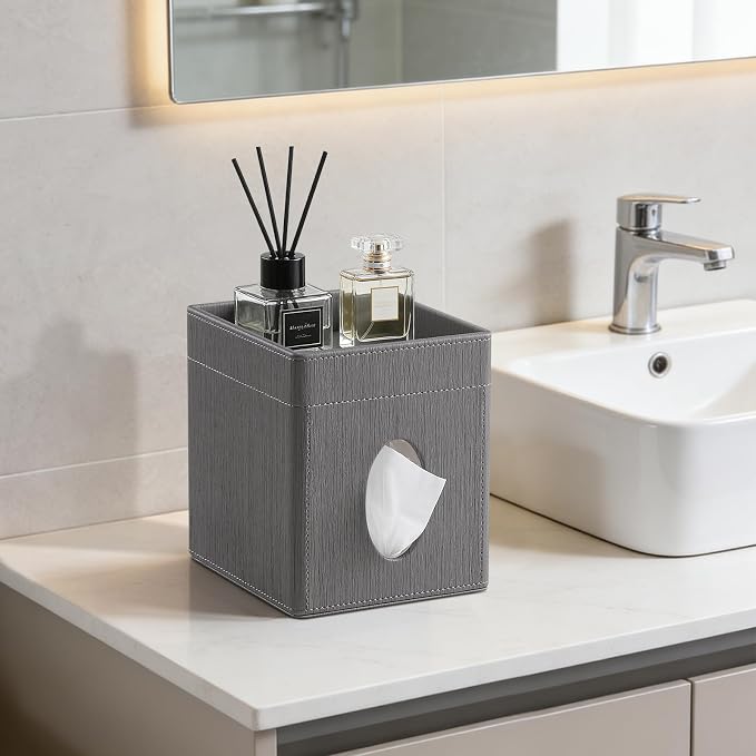 Tissue Box Cover, PU Leather Square Tissue Box Holder with Storage Tray for Bathroom Vanity Countertop Night Stands Bedroom Office Desk, Stylish Tissue Holder Decorative Organizer (Gray)