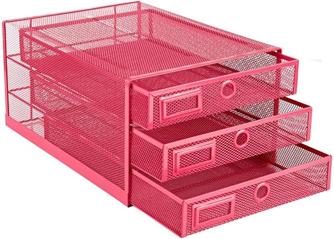 Annova Desk Organizer Wire Mesh 3 Tier Sliding Drawers Paper Sorter/Multifunctional/Premium Solid Construction for Letters, Documents, Mail, Files, Paper, Kids' Art Supplies (Pink)