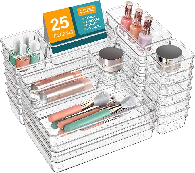 25 PCS Clear Plastic Drawer Organizers and Dividers, 4 Sizes Stackable Drawer Storage Bins and Organizer Trays for Bathroom, Kitchen, Office, Makeup, Vanity, Utensils, and Crafts