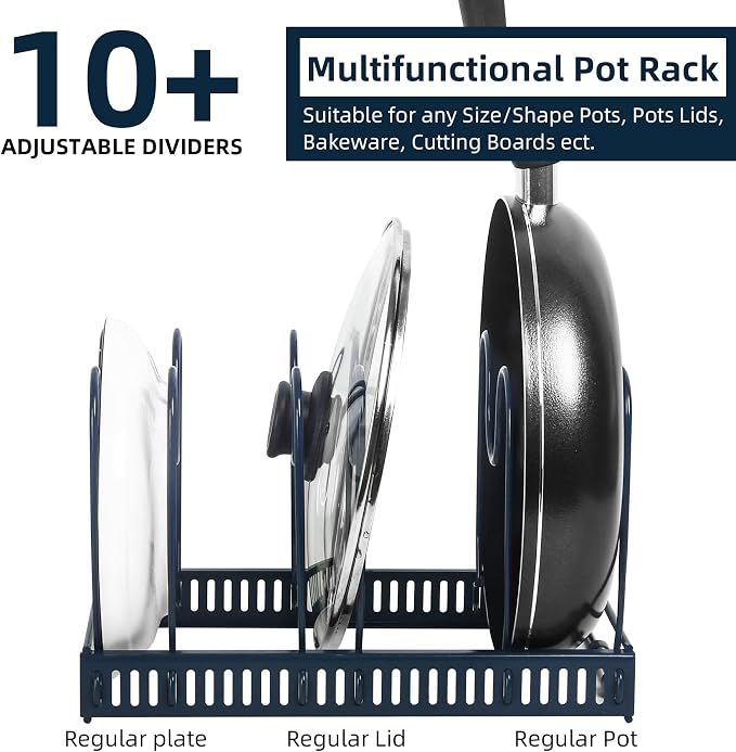 ROOHUA Expandable Pot and Pan Organizer - Cabinet Pot Lid Holder with 10 Adjustable Compartments for Cookware, Baking, Frying (Dark Blue, 10)