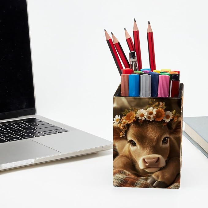 Pen Holder for Desk, Baby Cow Flowers Pencil Holder, Pen Cup Functional Desk Organizer for Office Supplies