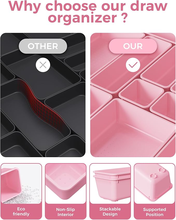 BiuLeon 25 PCS Plastic Drawer Organizers Set, 4-Sizes Vanity and Makeup Organizer, Desk and bathroom Drawer Organizer Trays, Organizers and Storage for Makeup, Jewelry, Gadgets, Utensils (Pink)