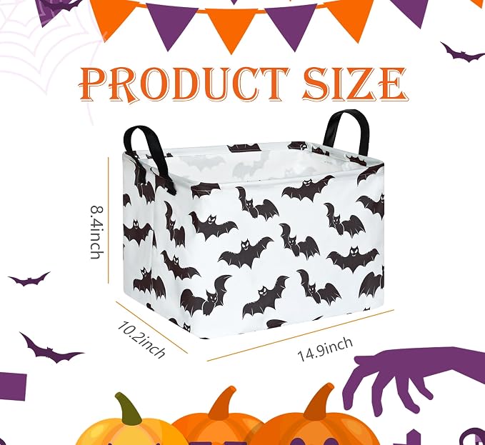 Halloween Bat Storage Basket with Handles Open Gifts&Candy Spooky Basket stuffers for Kids Baby Collapsible Women Organizer Bins Toys Boxes for Shelves Home Office