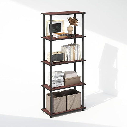 Furinno Turn-N-Tube Book Shelf, 5-Tier Bookshelf, Bookcase with Multipurpose Compact Display Rack, 11.6 x 23.6 x 57.4, for Living Room, Bedroom, Home Office, Dark Cherry/Black