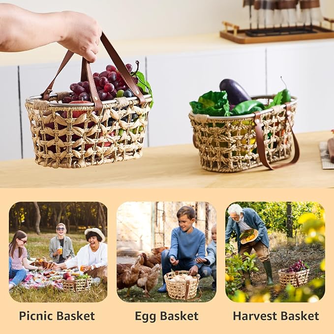 Egg Baskets for Collecting Fresh Eggs Farmhouse Handmade Wicker Hyacinth Egg Collecting Basket with Handle