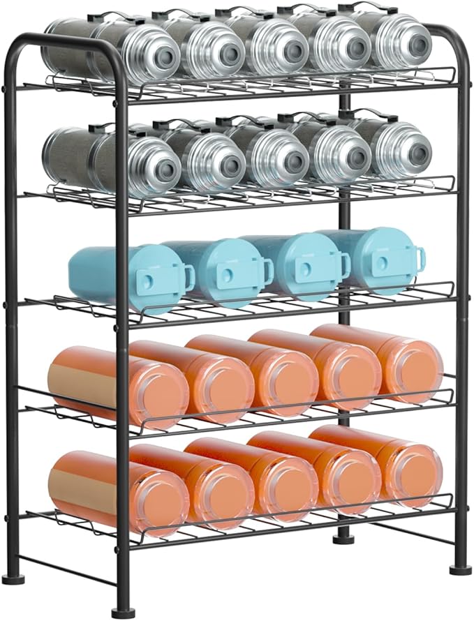 OYEAL Plastic Water Bottle Storage Rack 5 Tier Bottled Water Holder Organizer Freestanding Floor Small Beverage Soda Drink Stand Shelf for Kitchen Pantry Can Storage, Hold 30 Bottles, Black