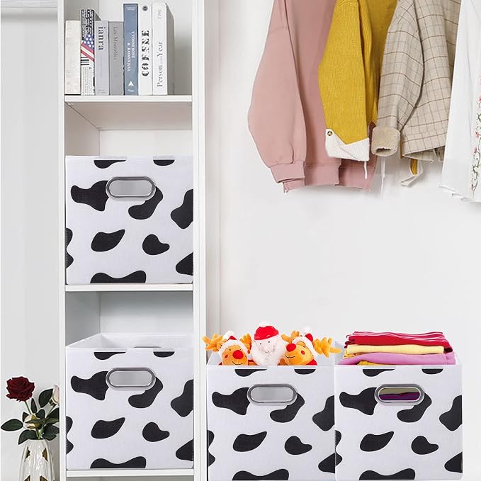 ANMINY Cow Print Cube Storage Bins with Handles, Washable, Collapsible | Cotton Linen Fabric, PP Plastic Board, Animal Print Decor, Storage Basket for Closet Shelf, 11 x 11 x 11 Inch, 6PCS