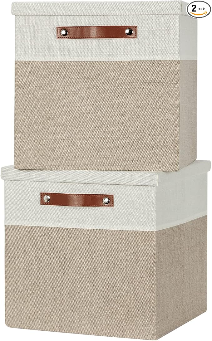 Temary Fabric Storage Bins with Lids 13 Inch Storage Cubes with Lid, Decorative Foldable Storage Boxes for Clothes, Closet Organizers (White&Khaki, 13x13x13inch)