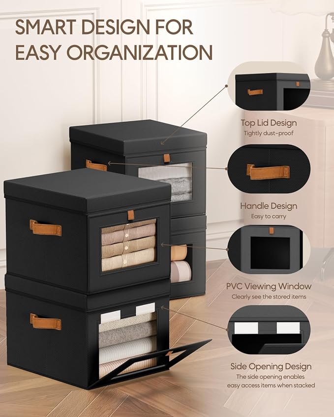 Homsorout Storage Bins with Lid – Closet Organizer with Side Opening and Clear Window, Foldable Stackable Fabric Basket for Clothes, Home, Office - 13.77" x 11.8" x 9.8", 3 Pack, Black