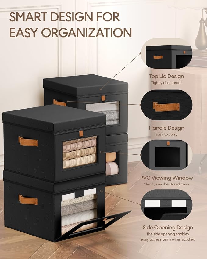 Homsorout Storage Bins with Lid – Closet Organizer with Side Opening and Clear Window, Foldable Stackable Fabric Basket for Clothes, Home, Office - 13.77" x 11.8" x 9.8", 6 Pack, Black