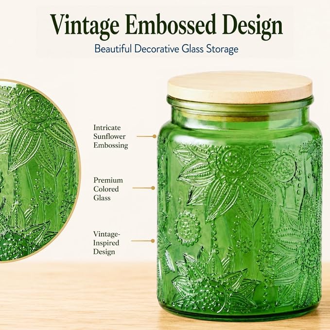 Set of 2 Vintage Glass Canisters with Bamboo Lids, 23.7 oz Embossed Glass Storage Jars, Airtight Food Containers for Coffee Beans, Tea, Sugar, Cookies, Candy, Kitchen Counter Decor, Blue & Green