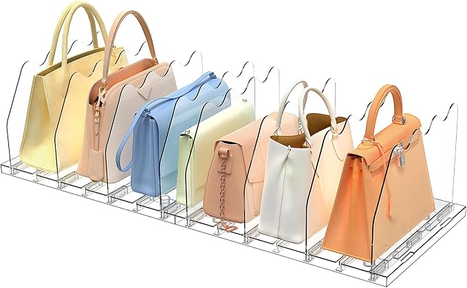 SOYO Adjustable Purse Organizers for Closet, Acrylic Shelf Divider for Bag and Purse Storage, Clear Pocketbook and Handbag Organizer, Bookshelf Separator Organizers for House, Office Use, Clear