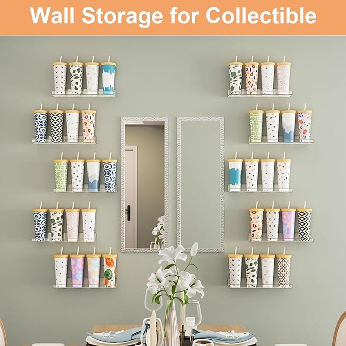 upsimples 16 Pcs 15" Acrylic Shelves for Wall Storage and Organizer, Clear | Transparent Design Highlights Skincare, Perfume, Easy-to-Find Versatile Floating Shelves for Bathroom, Bedroom and Playroom