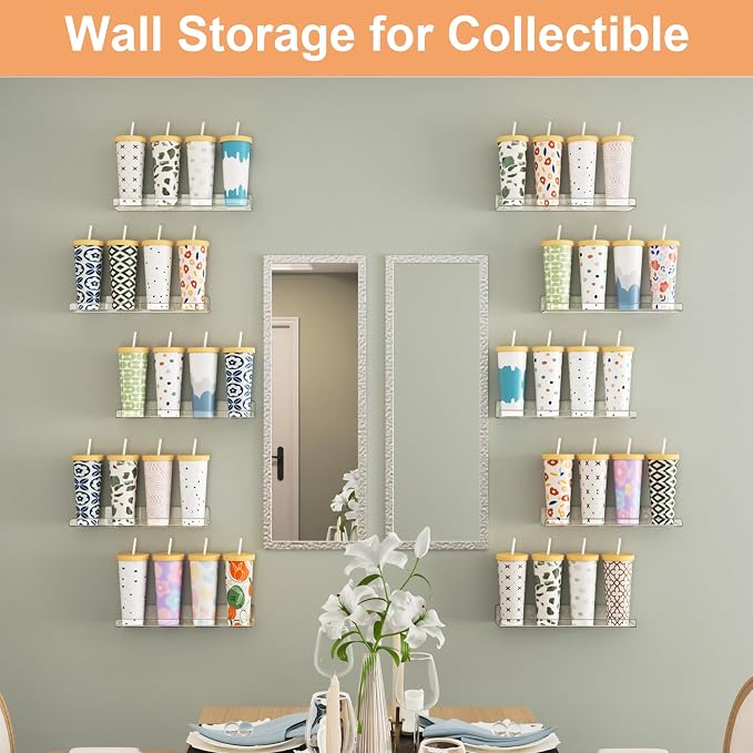 upsimples 8 Pcs 15" Acrylic Shelves for Wall Display and Storage, Clear | Transparent Design Highlights Skincare, Perfume, Easy-to-Find Versatile Floating Shelves for Bathroom, Bedroom and Playroom