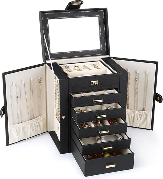 Kendal Jewelry Box, 6-Layer Jewelry Storage Organizer for Necklace Bracelet Rings Watch, 10.2"x8.2"x6" Classic Black PU Leather 5 Drawers Large Storage Capacity with Mirror