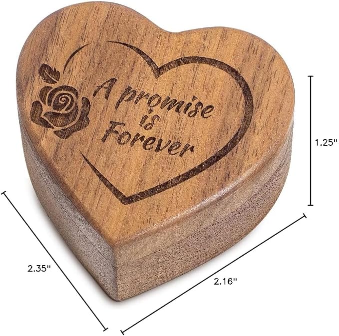 Engagement Proposal Ring Box Secret Slim Engraved Wooden Heart Case | Engrave"A Promise is Forever", Walnut Wood Ring Bearer Box Jewelry Storage Holder Display for Wedding Ceremony Commemoration