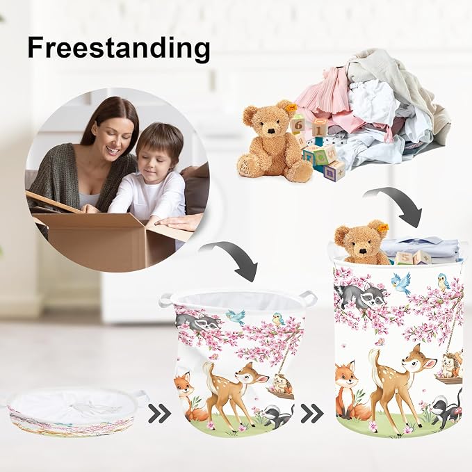 Clastyle Forest Animal Baby Storage Basket Leaf Kid Laundry Hamper Boy Girl Gift Toy Box Collapsible Clothes Organizer Nursery Bin for Bedroom, Cherry Deer, 36x45 cm