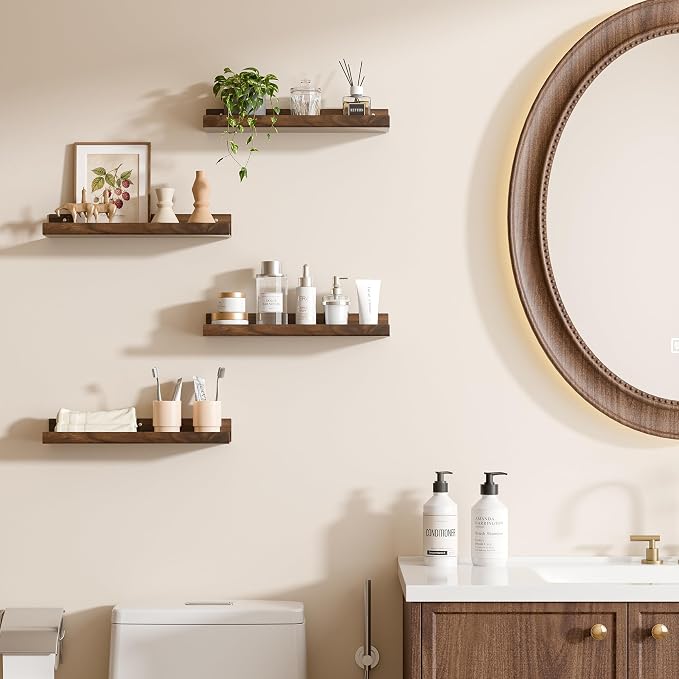 upsimples 4 Pcs 15" Acrylic Shelves for Wall Decor and Display, Walnut | Cute Floating Shelf for Perfume, Skincare, Nail Polish, Wall Organizer for Bedroom, Living Room, Playroom, Room Décor