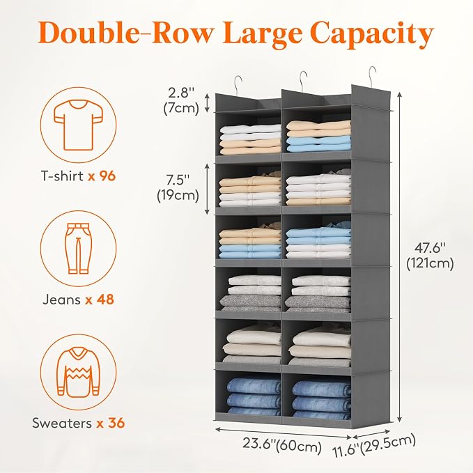 Lifewit Dual-Row 6 Tier Hanging Closet Organizer and Storage, Wide Clothes Storage Shelves with 3 Sturdy Hooks for Clothing Organization, Large Foldable Sweater Shelf for Bedroom, 12 Sections, Grey
