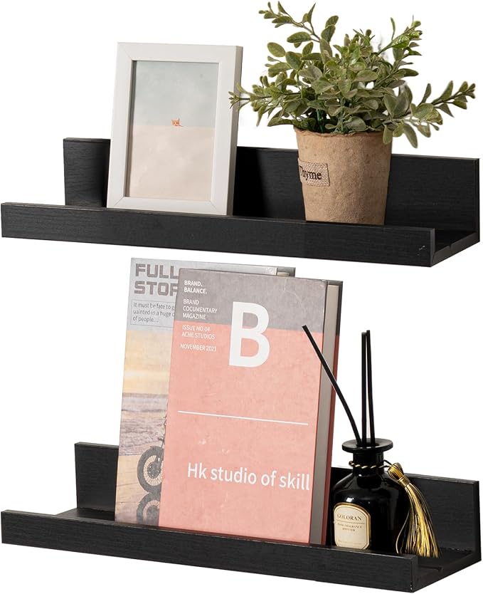 Muzilife 16" Floating Wall Ledge Shelves with Lip - Set of 2 Wood Floating Shelves - Black Wall Mounted Picture Ledge for Office, Bathroom, Bedroom, Living Room, Kitchen