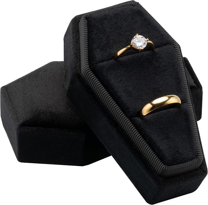Velvet Coffin Ring Box Case Holder for Gothic Wedding Ceremony Jewelry Organizer Decorations (Black)