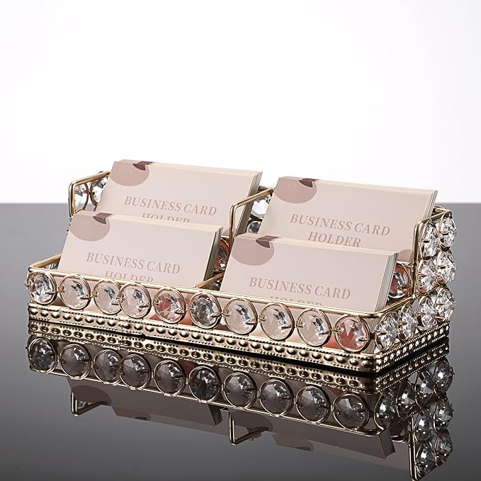 Hipiwe 2 Tiers Business Card Holder Gold Business Card Display Stand with 4 Slots Crystal Name Card Organizer for Office Exhibition Business