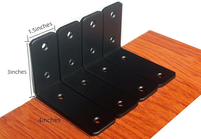 4 Pack - L 4" x H 3" x W1.5, 5mm Thick Black L Shelf Bracket, Iron Shelf Brackets, Metal Shelf Brackets, Floating Shelf, Shelf Supports with Screws