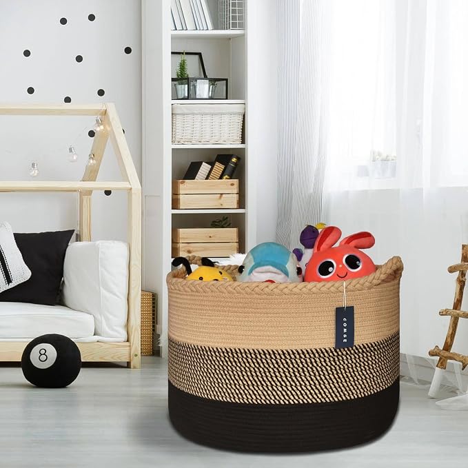 COMSE Extra Large Blanket Basket, Woven Laundry Basket, 21.7”x 13.8”, Nursery Hamper, Cotton Rope Laundry Hamper Living Room for Storage Toys Clothes Towels (Brown & Black)