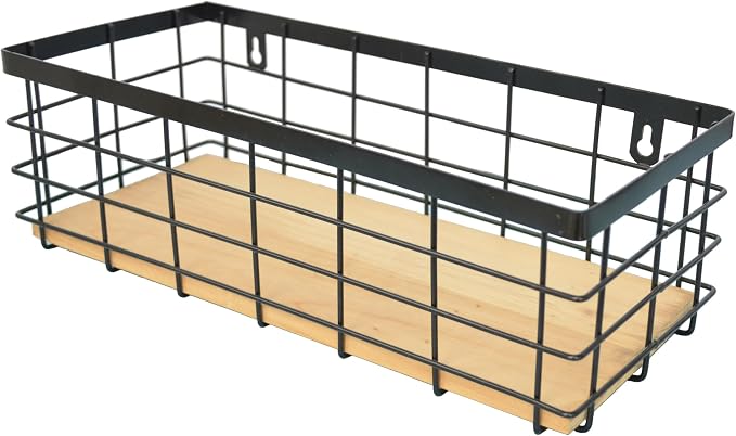 ShabbyDecor Detachable Wood Base Wire Basket tabletop or wall mount, Medium | Farmhouse Hanging Basket, Storage Organizer for Kitchen Cabinets, Bathroom, Pantry, Laundry Room