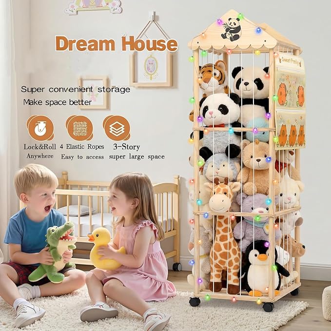 KITHELP Stuffed Animal Storage, Extra Large Stuffed Animal Organizer with Wheels, Wooden Tall Animal Zoo Display, Plushies Toy Holder with Lights and Pockets for Nursery, Playroom, Bedroom