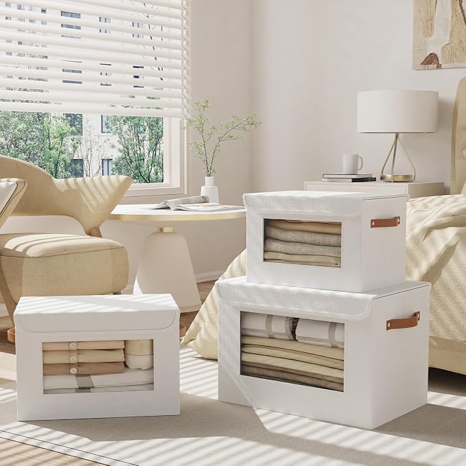 Storage Box for Shelves,White Basket,17.7x11.8x11.8In,1Pack | Sturdy Storage Baskets with Lids,Shelf Boxes with Handles and Window,Fabric Closet Containers,Decorative Drawer Bins for room