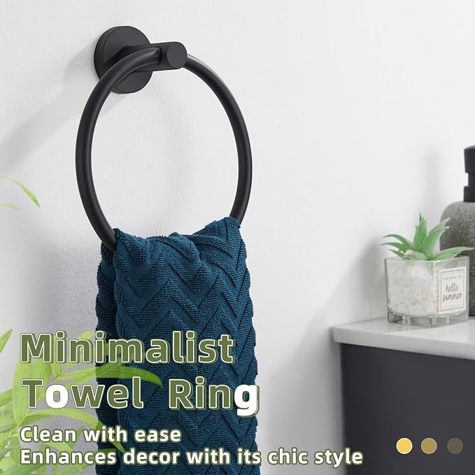 APLusee Round Hand Towel Ring for Bathroom Wall, Solid Stainless Steel Wall Mounted Bathroom Towel Holder, Modern Matte Black