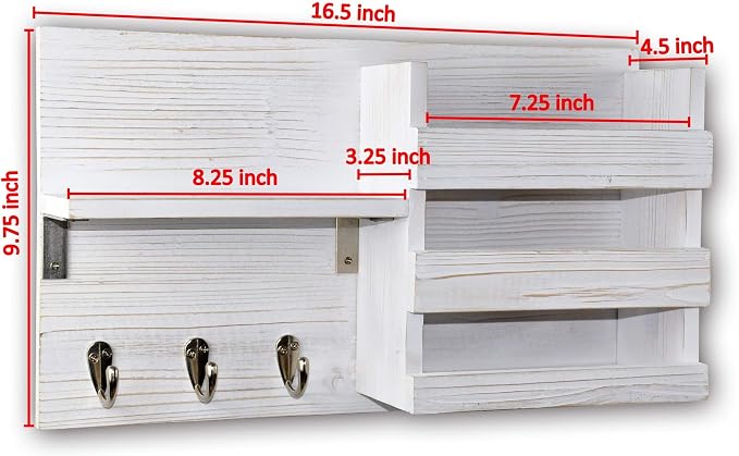 Wall-Mounted Key Hooks Holder and Mail Sorter - Rustic Wood White - Entryway Organizer for Letters, Leashes, and Purses - Floating Shelf, 16.5” W x 9.75" H x 4.5” D