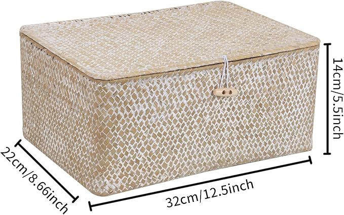 FEIALNDUO Wicker Shelf Baskets with Lid,Seagrass Storage Basket Bins Rectangular Handwoven Basket Boxes for Shelves Desktop Home Organizer (Whitewash, Large)