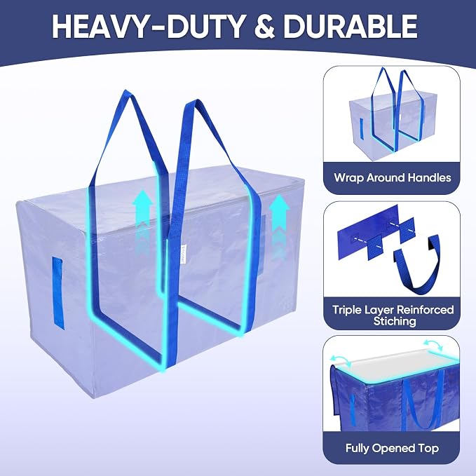 TICONN 16 Pack Extra Large Moving Bags Heavy Duty with Zippers & Carrying Handles, Durable Storage Bags Moving Boxes for Closet Organizers and Storage (16 Pack, Blue)