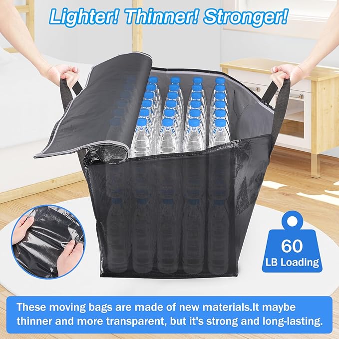 ElegantArray 4 Pack Moving Bags Heavy Duty, Moving Boxes, Storage Bags with Zipper & Handles & Tag for College & Dorm Moving Supplies Grey Laundry Hamper Bag, Foldable Space-saving Totes (93L, Grey)